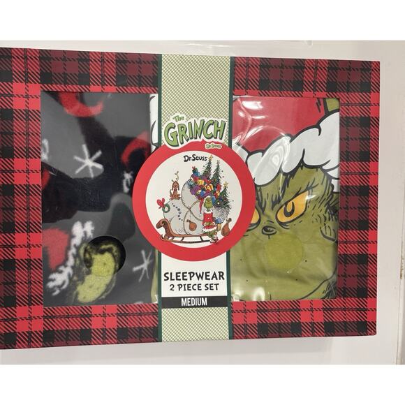 Dr. Seuss Grinch Men’s Pajama Gift Set In Box Size Medium Fleece Bottom/T-shirt - Picture 2 of 7